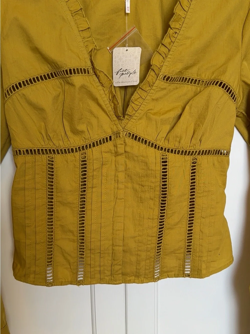 Free People Olive Mustard V-Neck Eyelet Blouse NWT XS